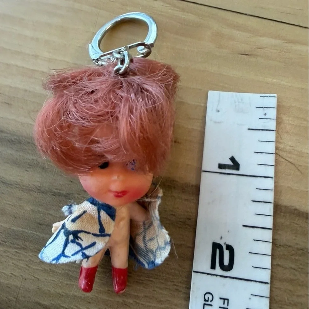 Vintage 1960s 70s Mini Doll Keychain Liddle Kiddle Style Pink Hair Red Boots
